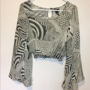 Open Bell Sleeve Cream & Black Sheer Crop Top